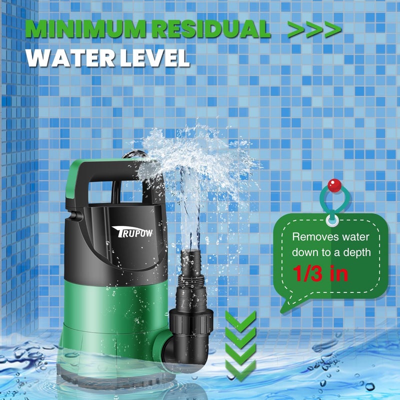 TRUPOW 1 HP Sump Pump Submersible Water Pump 3981 GPH Portable Thermoplastic Electric Utility Pump for Swimming Pool Garden Basement Tub Pond Draining Remove Water Level Down to 0.3" - Image 4